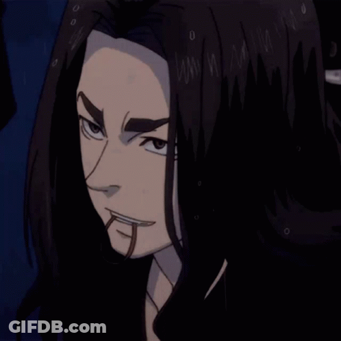 A Drawing Of A Man With Long Black Hair And A Snake In His Mouth GIF