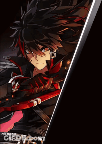 A Drawing Of A Man With Long Black Hair And Red Gloves Holding A Red Sword GIF