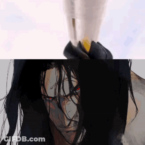A Drawing Of A Man With Long Black Hair Has Red Eyes GIF