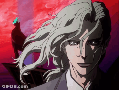 A Drawing Of A Man With Long White Hair And A Red Background GIF