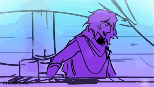 A Drawing Of A Man With Purple Hair And A Beard Standing Next To A Wall . GIF