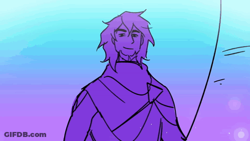 A Drawing Of A Man With Purple Hair Holding A Sword GIF