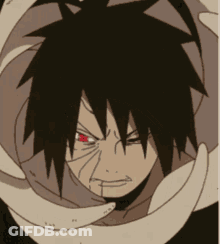 A Drawing Of A Man With Red Eyes And Black Hair GIF