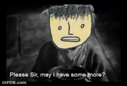 A Drawing Of A Man With The Words " Please Sir May I Have Some More " GIF