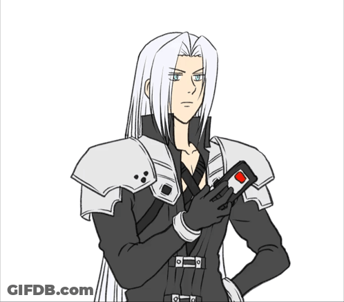A Drawing Of A Man With White Hair Holding A Red Button GIF