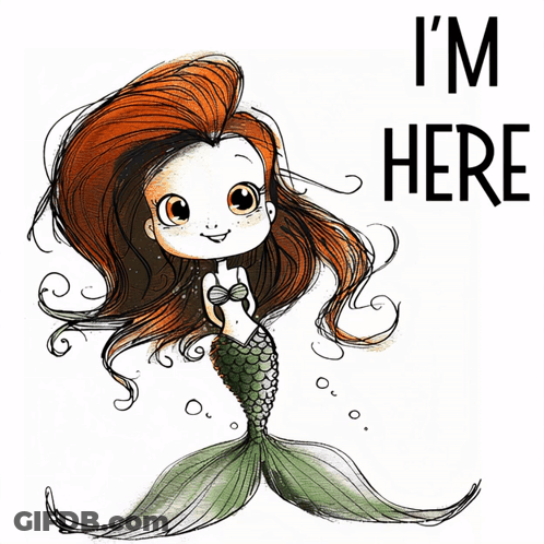 A Drawing Of A Mermaid With The Words " I 'M Here " Below It GIF