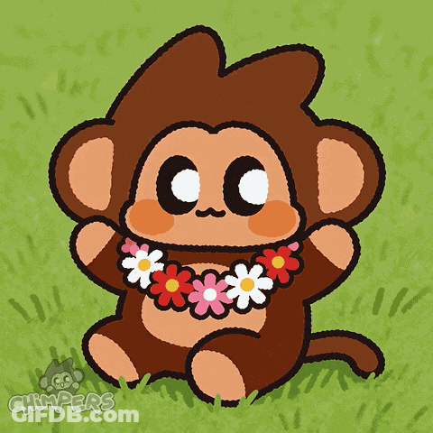 A Drawing Of A Monkey Wearing A Flower Necklace With The Word Chimpers Below It GIF