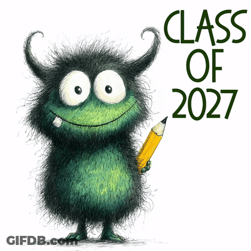 A Drawing Of A Monster Holding A Pencil With The Words Class Of 2027 Below It GIF