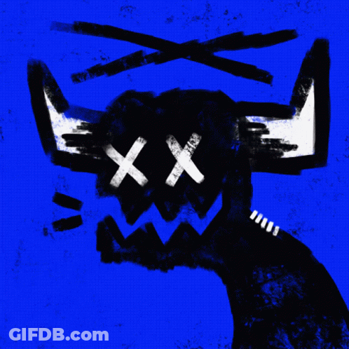A Drawing Of A Monster With Horns And A Cross On Its Face GIF