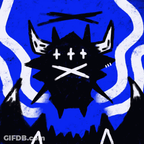 A Drawing Of A Monster With Horns And Crossed X 'S On Its Face GIF
