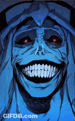 A Drawing Of A Monster With Red Eyes And A Large Smile GIF