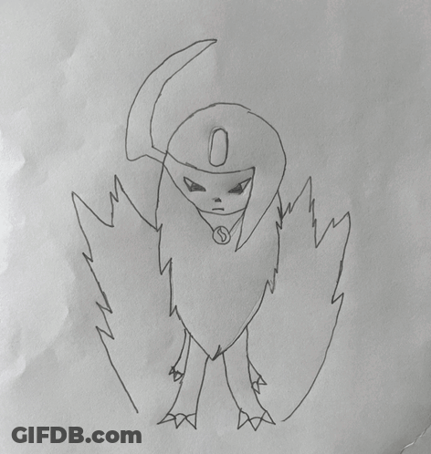 A Drawing Of A Monster With Wings And A Necklace With The Letter D On It GIF