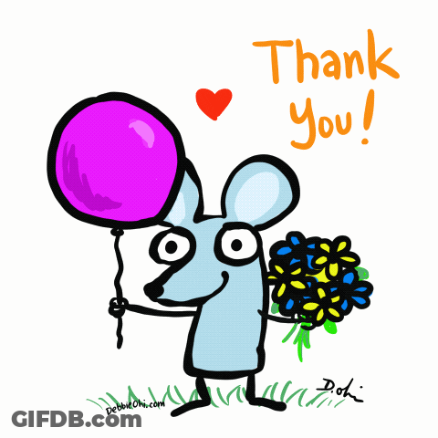 A Drawing Of A Mouse Holding A Pink Balloon And Flowers With The Words Thank You Written Below It GIF