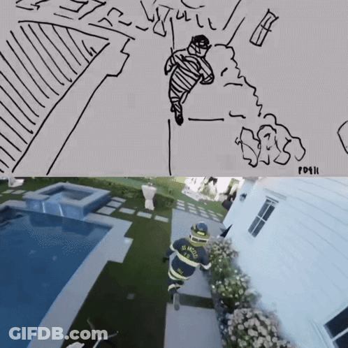 A Drawing Of A Mummy Next To A Drawing Of Firefighters Running Towards A House GIF