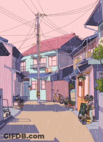 A Drawing Of A Narrow Street With A Sign That Says ' Cafe ' GIF