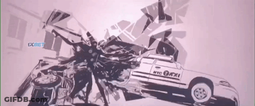 A Drawing Of A Nyc Taxi With A Person Standing Next To It GIF