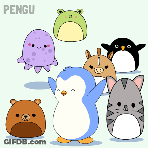 A Drawing Of A Penguin Surrounded By Other Stuffed Animals With The Word Pengu On The Top GIF