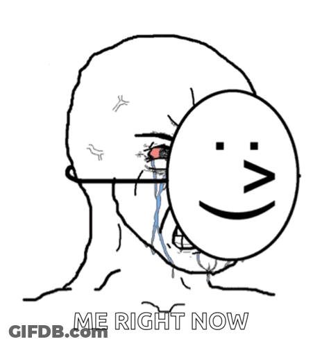 A Drawing Of A Person Covering Their Face With A Smiley Face And The Words `` Me Right Now '' . GIF