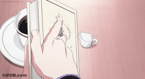 A Drawing Of A Person Holding A Book With A Cup Of Coffee In The Background GIF