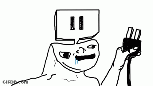 A Drawing Of A Person Holding A Plug With A Speech Bubble On Their Head . GIF