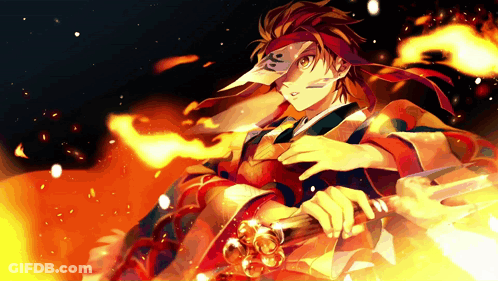 A Drawing Of A Person Holding A Sword With Fire Behind Him GIF