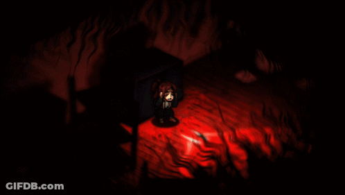 A Drawing Of A Person In A Dark Room With Red Lights GIF