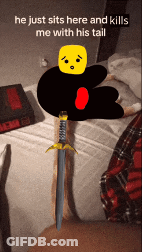 A Drawing Of A Person Laying On A Bed With The Caption He Just Sits Here And Kills Me With His Tail .. GIF