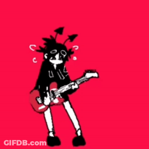 A Drawing Of A Person Playing A Guitar On A Red Background GIF