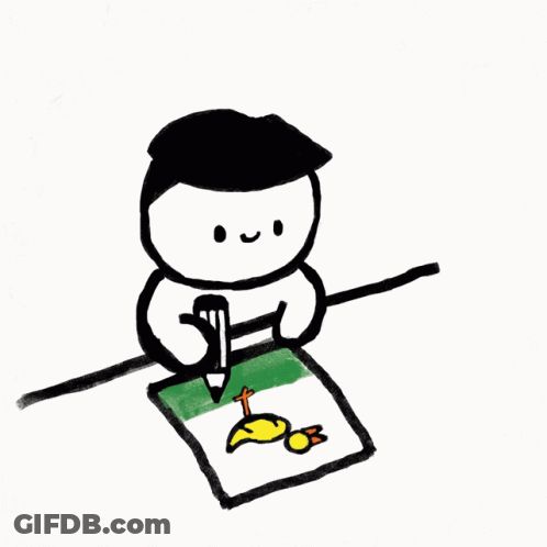 A Drawing Of A Person Sitting At A Table Holding A Pencil GIF