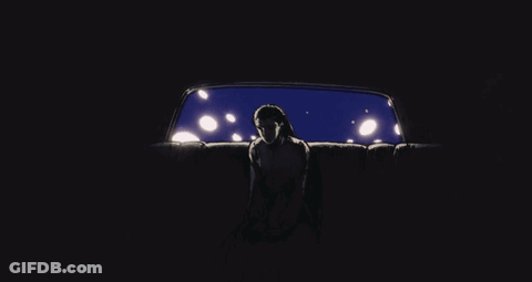 A Drawing Of A Person Sitting In The Back Seat Of A Car At Night GIF
