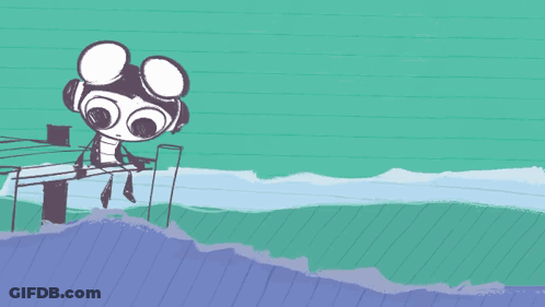 A Drawing Of A Person Sitting On A Dock With A Green Swirl In The Water GIF