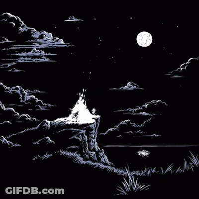 A Drawing Of A Person Standing On A Cliff With A Fire In The Background GIF