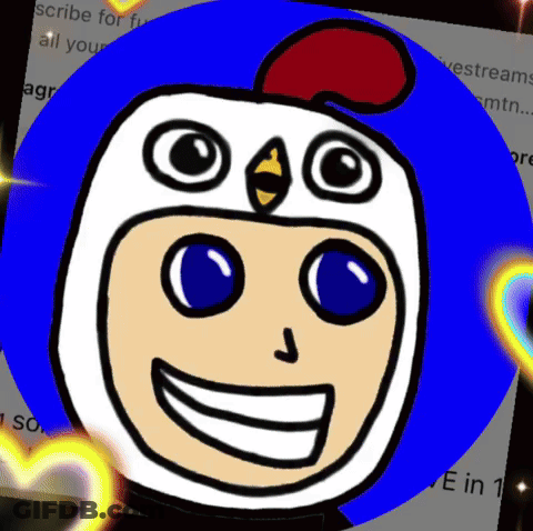 A Drawing Of A Person Wearing A Chicken Mask With Hearts Around It GIF