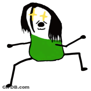 A Drawing Of A Person Wearing A Green Shirt With Black Wings And A Yellow Star In Their Eyes . GIF