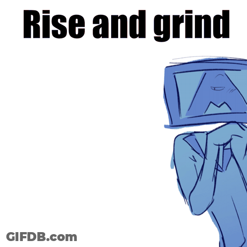 A Drawing Of A Person With A Box On Their Head And The Words Rise And Grind Above Them GIF