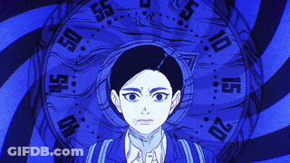 A Drawing Of A Person With A Clock Around Their Head That Shows The Time As 10:10 GIF