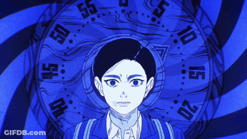 A Drawing Of A Person With A Clock In The Background That Shows The Time As 10:10 GIF