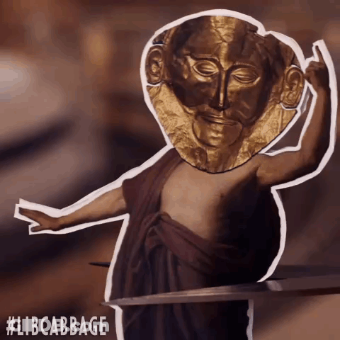 A Drawing Of A Person With A Gold Mask On Their Head And The Hashtag Libcabbage GIF