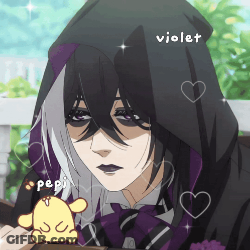A Drawing Of A Person With A Hood And The Word Violet On The Bottom GIF