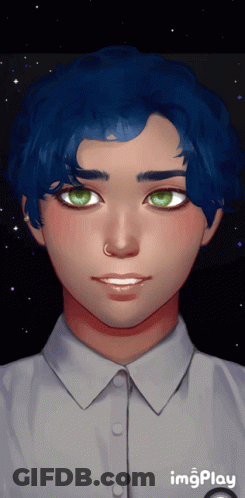 A Drawing Of A Person With Blue Hair And Green Eyes With The Words Imgplay Below It GIF