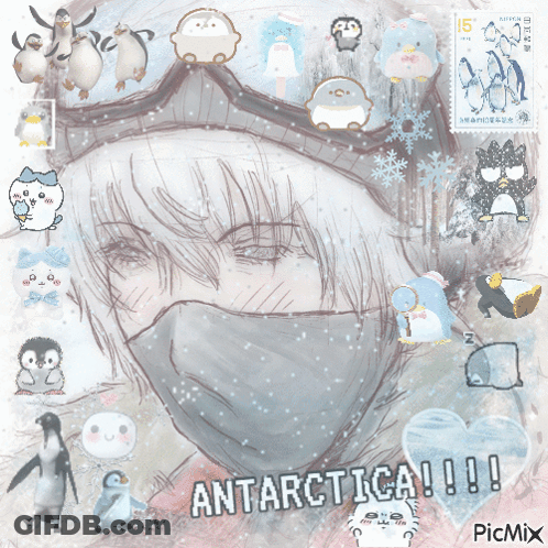 A Drawing Of A Person With Penguins And The Words Antarctica Written On The Bottom GIF