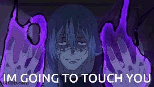 A Drawing Of A Person With Purple Hands And The Words Im Going To Touch You GIF