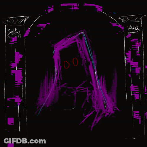 A Drawing Of A Person With Red Eyes And A Purple Robe GIF