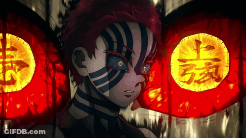 A Drawing Of A Person With Red Eyes And Chinese Writing On Their Face GIF