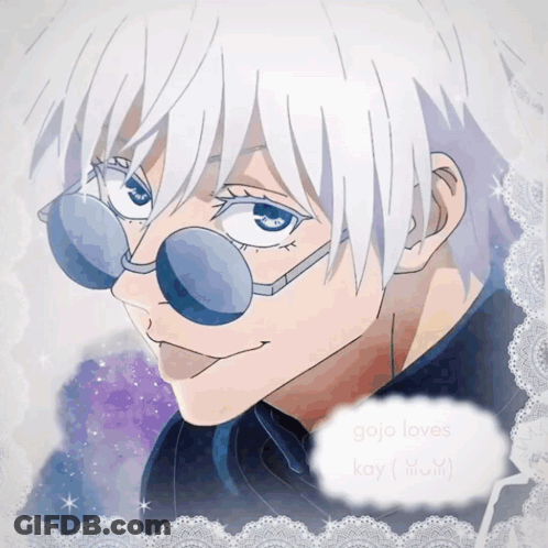 A Drawing Of A Person With White Hair And Glasses With The Words Gojo Loves Kay Written On The Bottom GIF