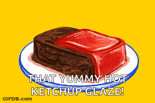 A Drawing Of A Piece Of Cake With The Words That Yummy Hot Ketchup Glaze Above It GIF
