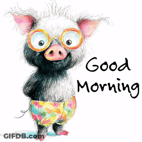 A Drawing Of A Pig Wearing Sunglasses And Shorts With The Words Good Morning Below It GIF