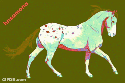 A Drawing Of A Pink And White Spotted Horse With A Green Mane GIF