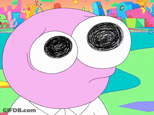 A Drawing Of A Pink Cartoon Character With Big Eyes And A White Shirt GIF