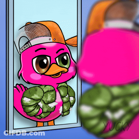 A Drawing Of A Pink Duck Wearing A Hat And A Jacket GIF